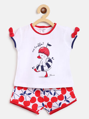 Girls White & Red Printed 2 Pc Set T-shirt with Short Trouser